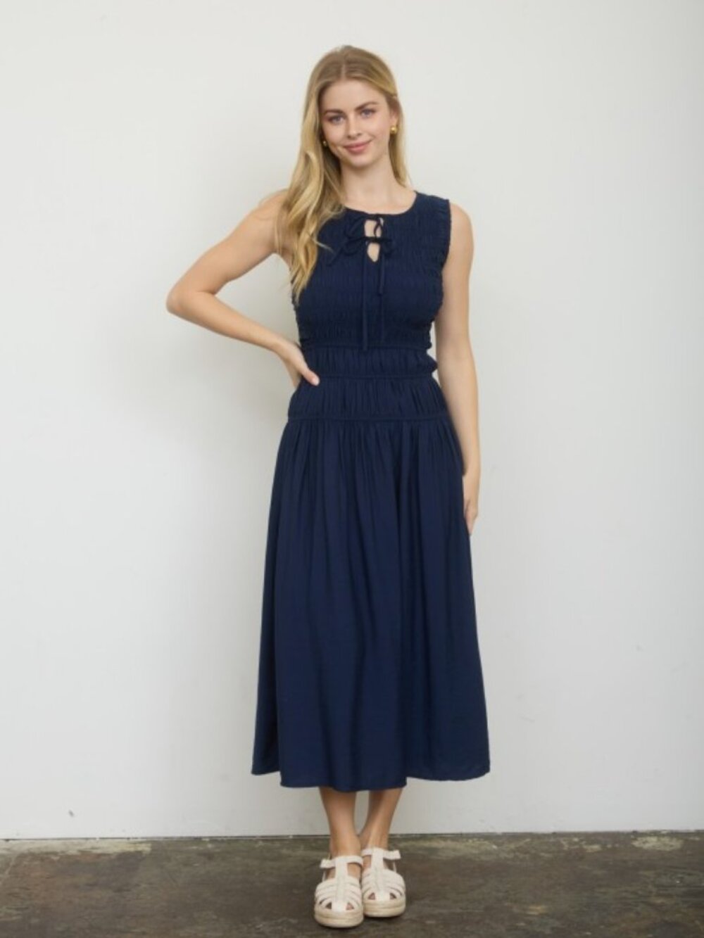 Front Tie Smocked Sleeveless Shirred Midi Dress